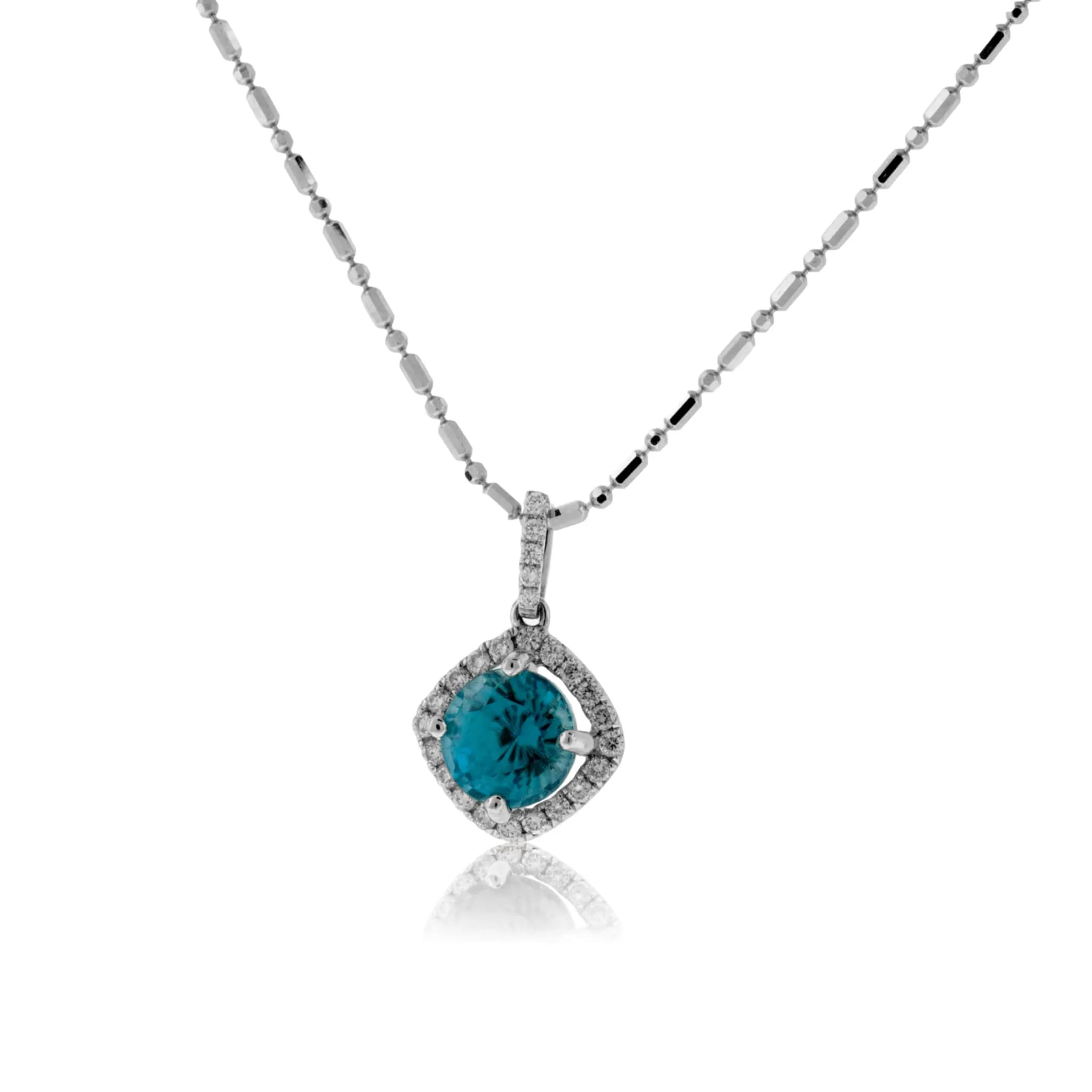 Simple Blue Zircon in Diamond Halo Drop Pendant