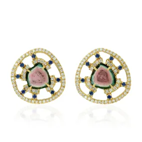 Slice Tourmaline Melon Sapphire Pave Diamond Designer Earrings 18K Yellow Gold Jewelry