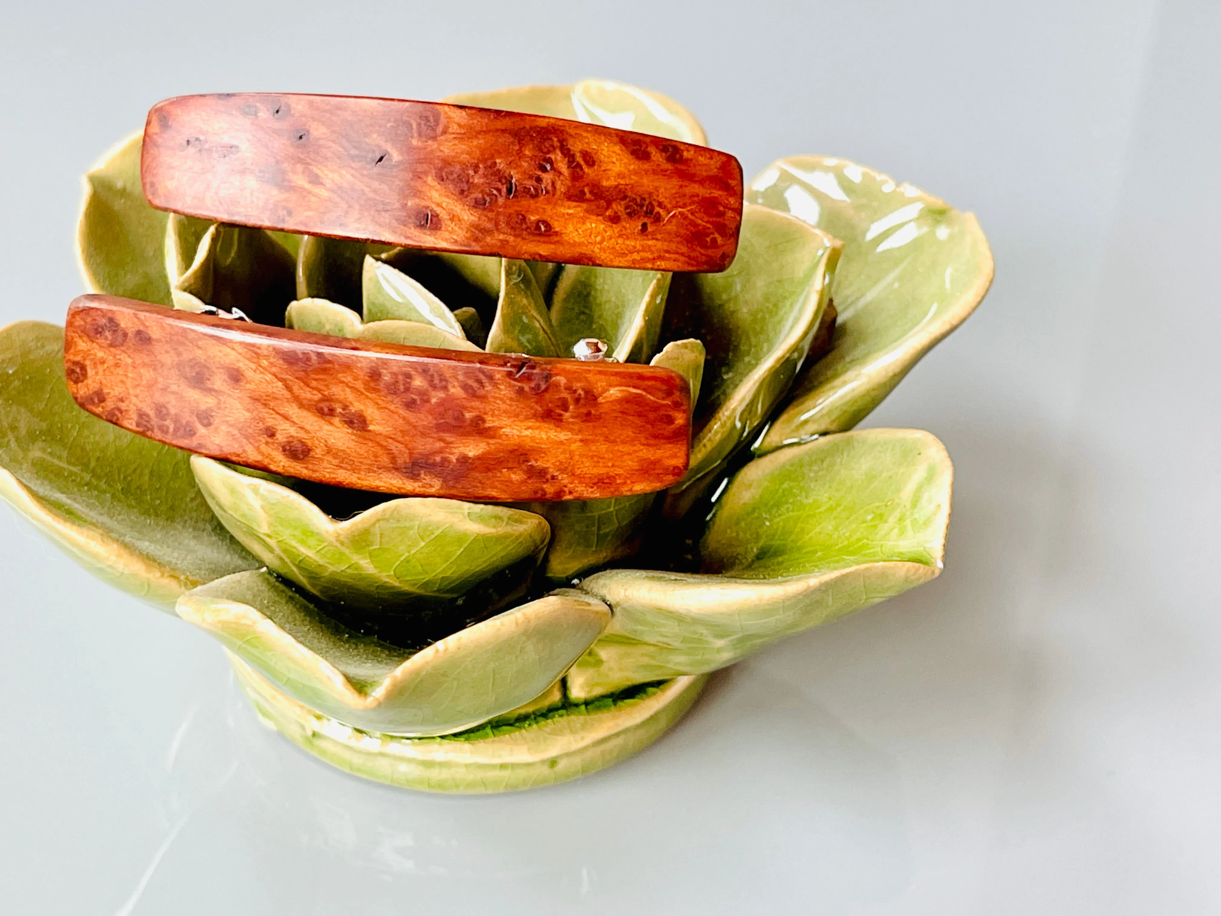 Small Redwood Burl wooden barrettes, wood hair clips for fine hair