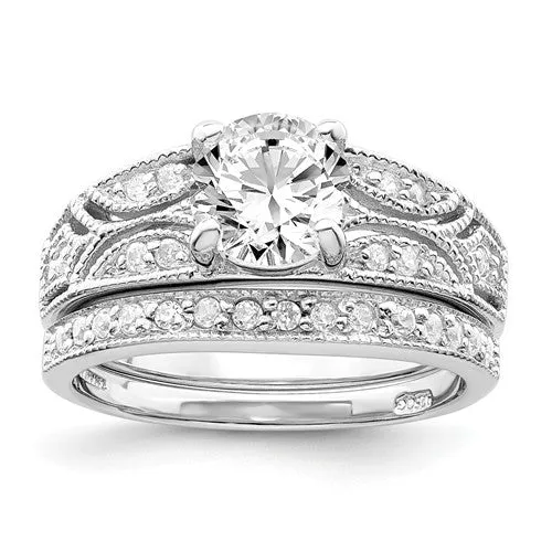 Sterling Silver 2 Piece CZ Round Center Promise Wedding Ring Set