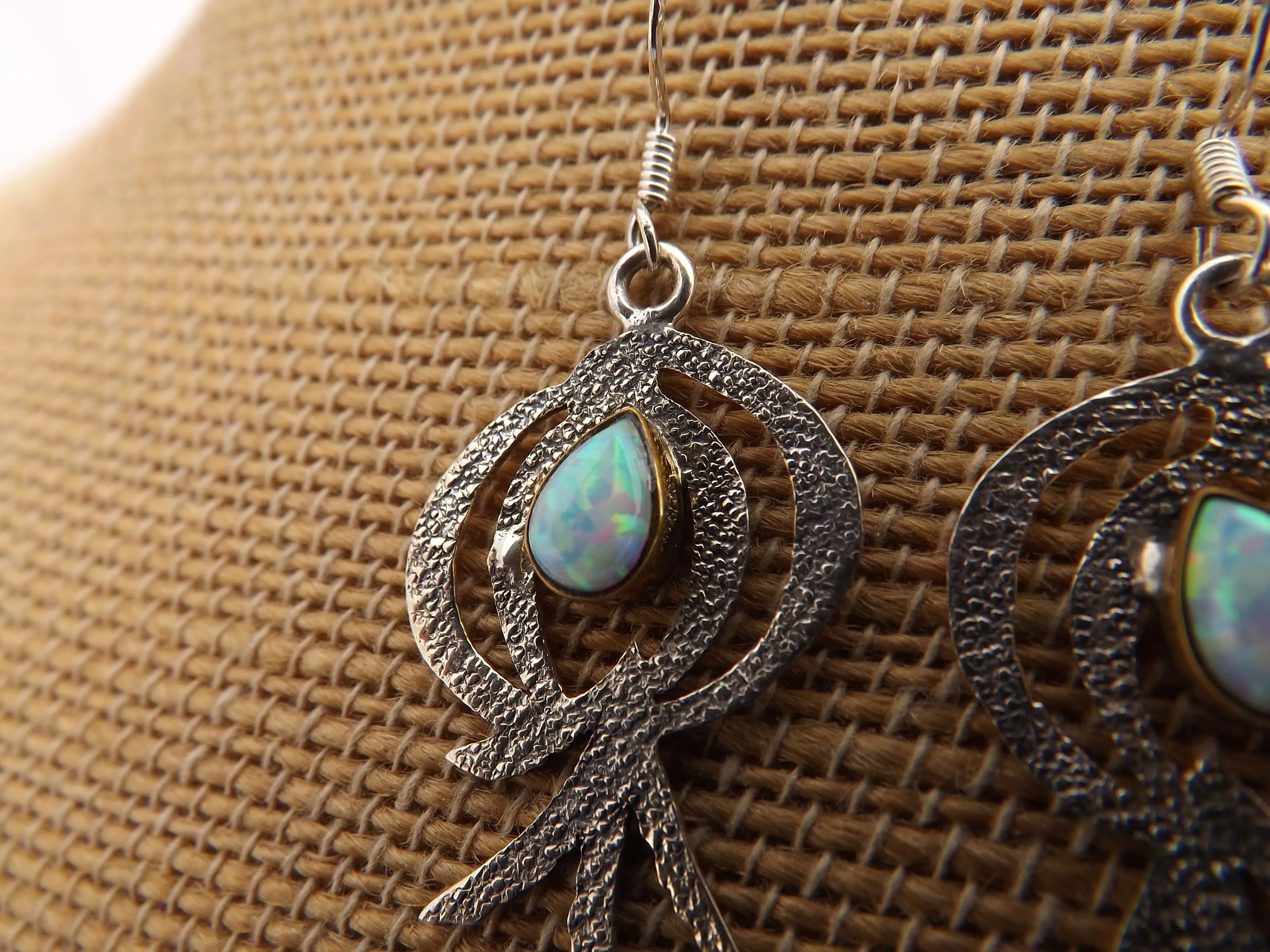 Sterling Silver & Opal Artisan Designer Drop Earrings