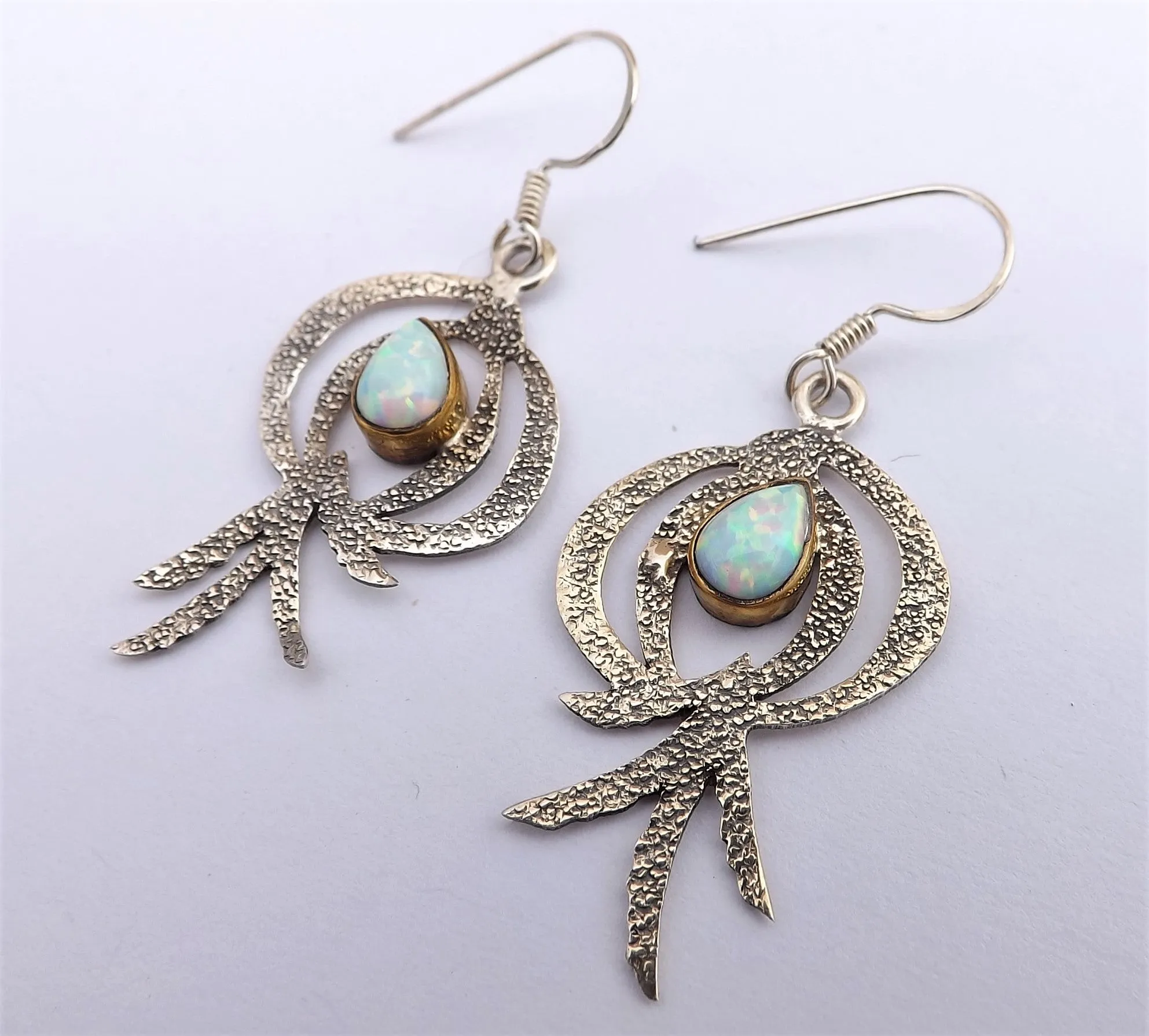 Sterling Silver & Opal Artisan Designer Drop Earrings