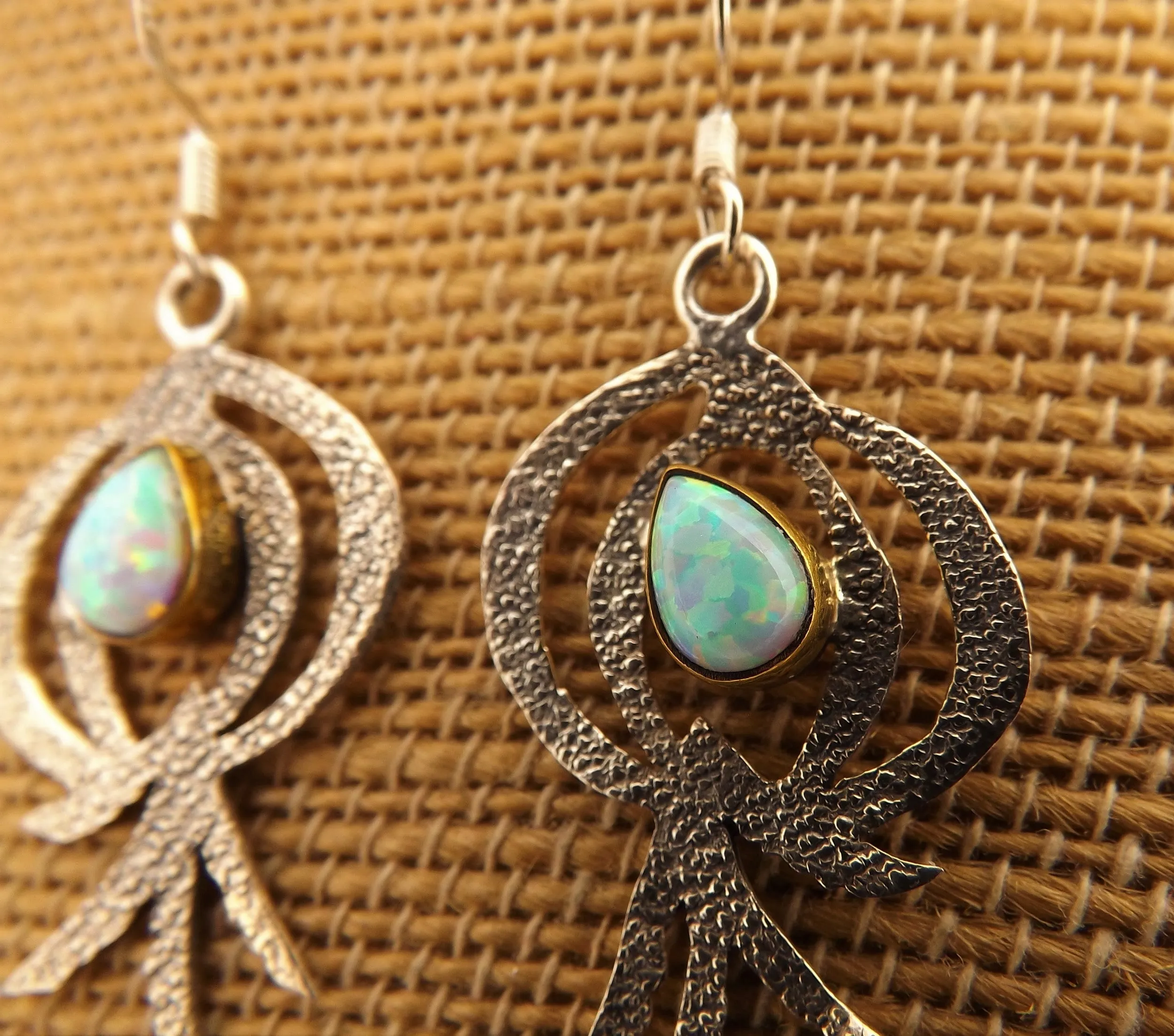 Sterling Silver & Opal Artisan Designer Drop Earrings