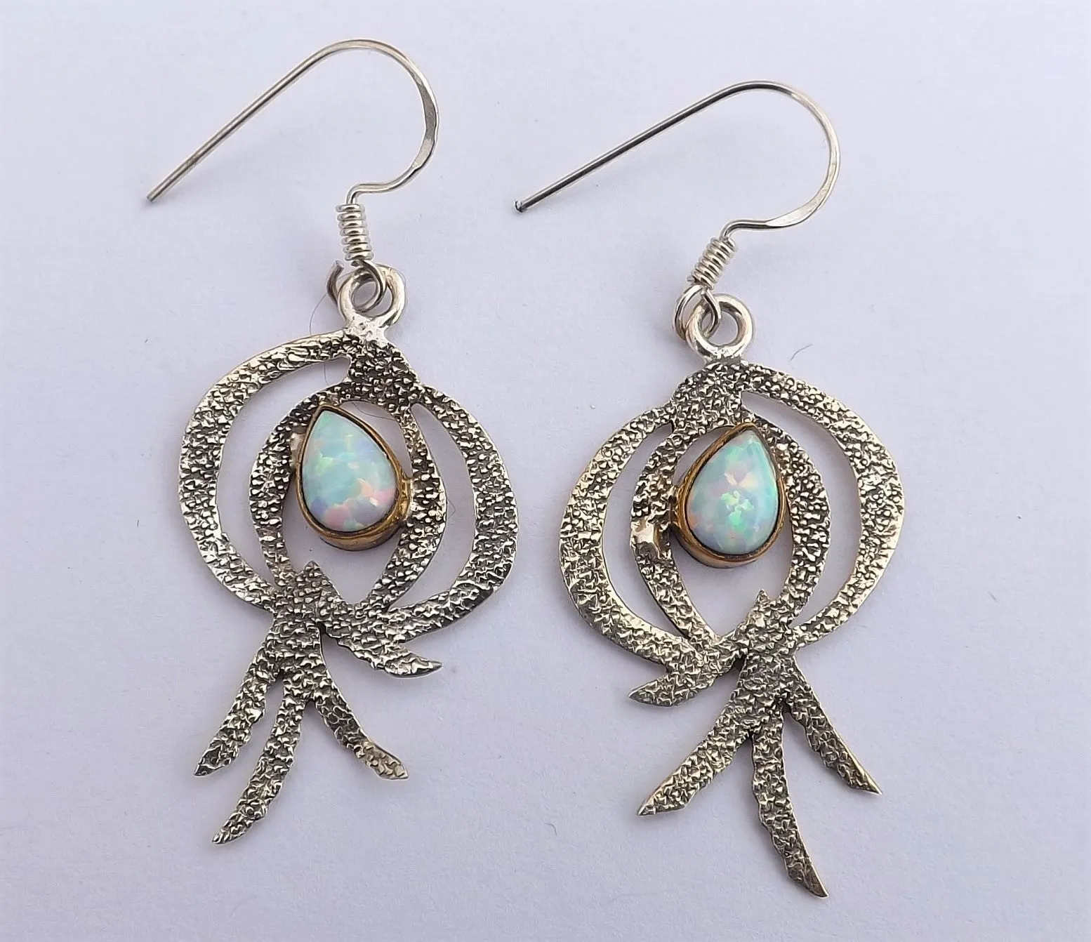 Sterling Silver & Opal Artisan Designer Drop Earrings