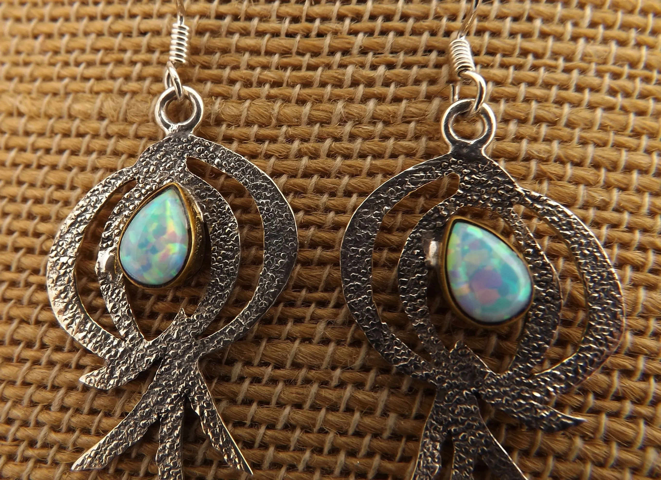 Sterling Silver & Opal Artisan Designer Drop Earrings