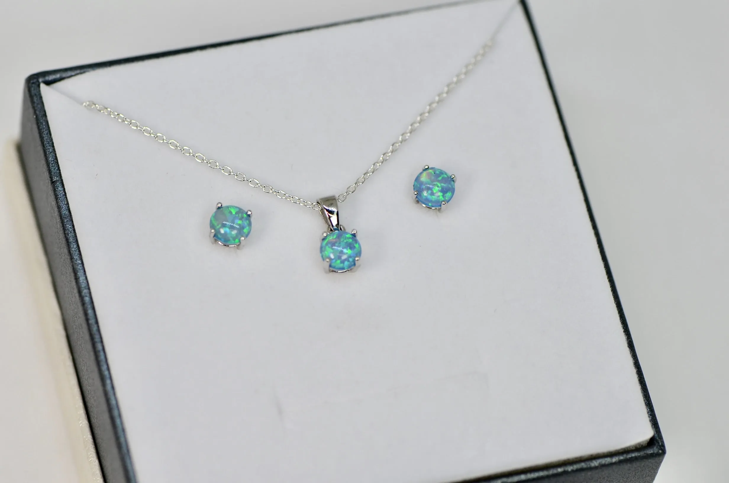 Sterling Silver Blue Opal Pendant & Earrings Set