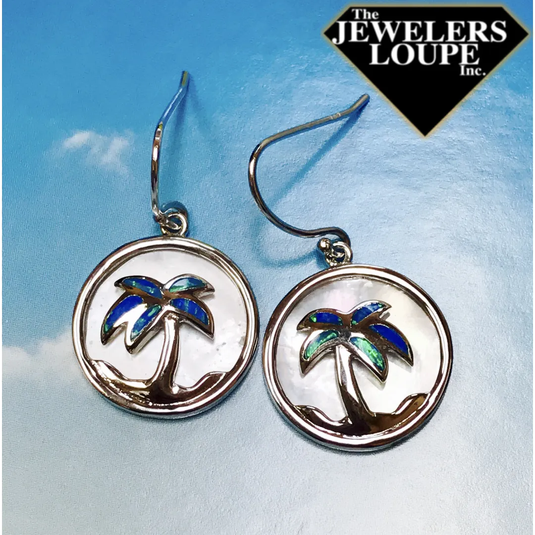 Sterling Silver Mother of Pearl Created Blue Opal Inlay Palm Tree Earrings (88607)