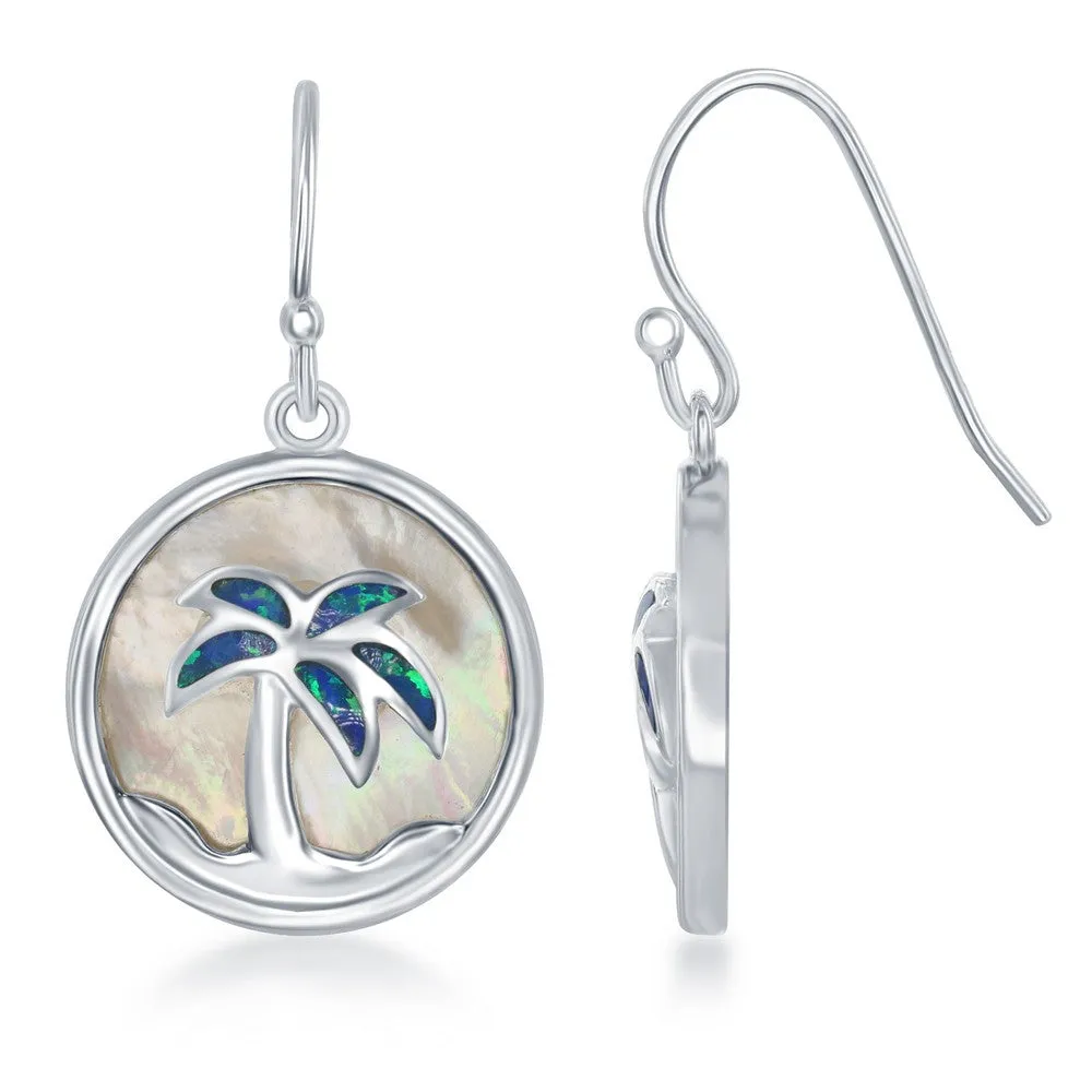 Sterling Silver Mother of Pearl Created Blue Opal Inlay Palm Tree Earrings (88607)