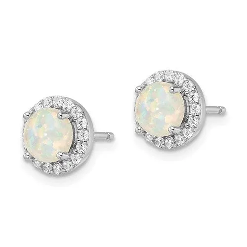 Sterling Silver Round White Created Opal And CZ Halo Post Earrings