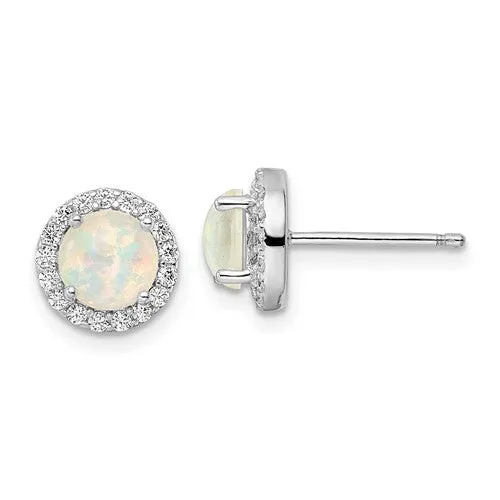 Sterling Silver Round White Created Opal And CZ Halo Post Earrings