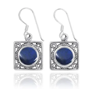 Sterling Silver Square French Wire Earrings with Round Lapis