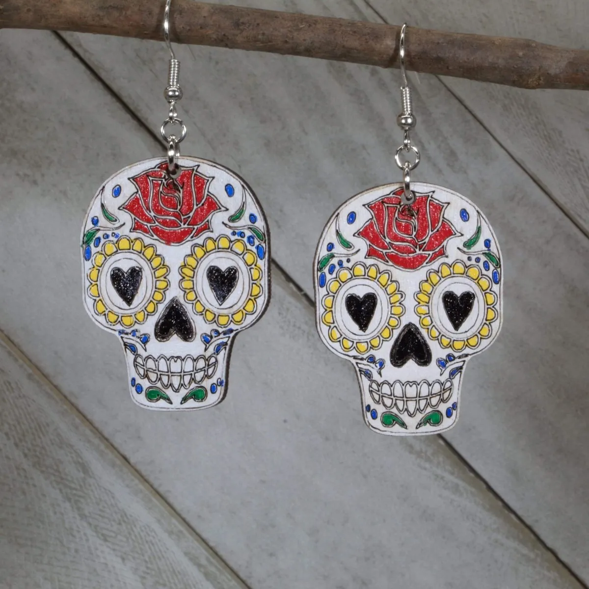 Sugar Skull Wooden Dangle Earrings by Cate's Concepts, LLC