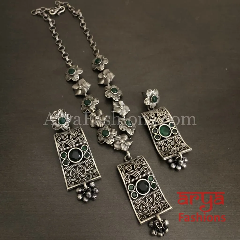 Surmi Green Stone Pendant Necklace/ Silver Oxidized Tribal Necklace