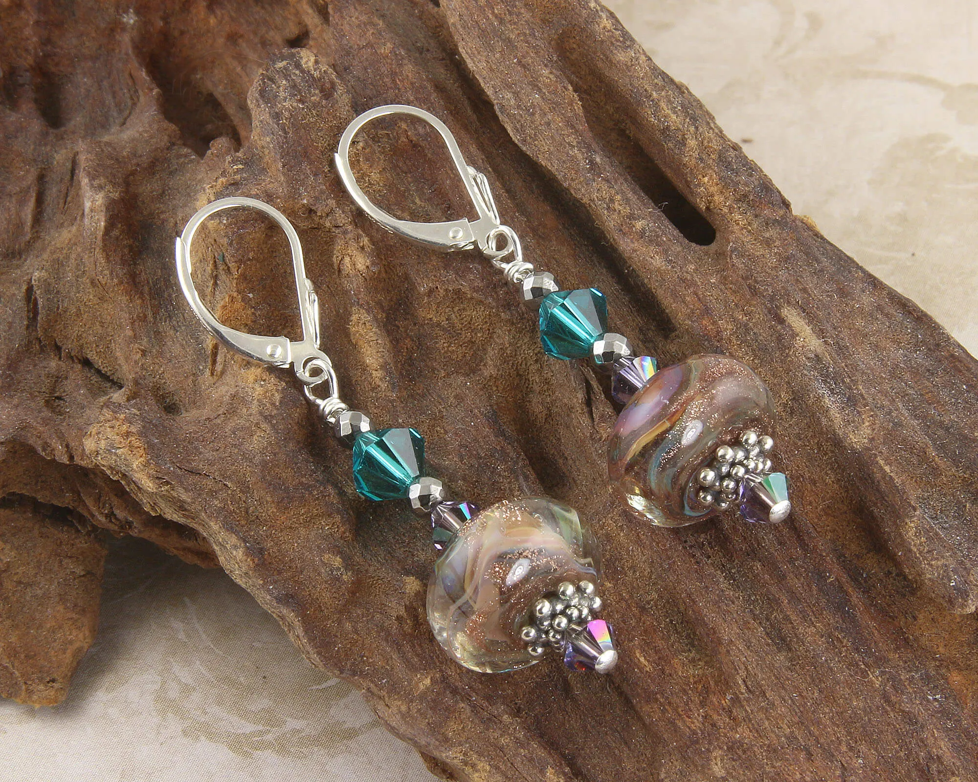 Teal Shimmering Goldstone Lampwork Earrings