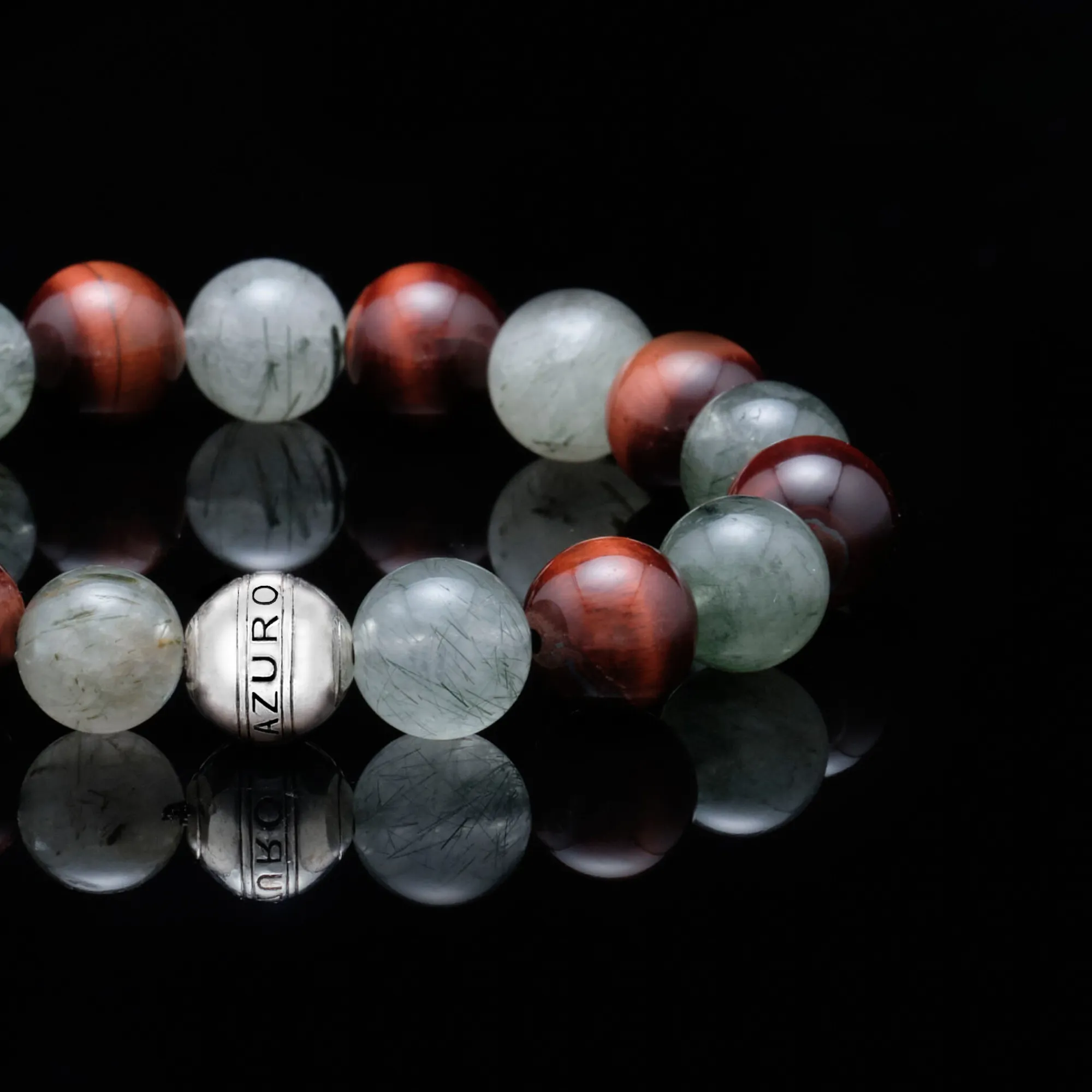 The Guardian | Silver Enamel Green Rutilated Quartz Stone Tiger Eye Beaded Bracelet