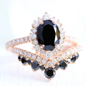 Tiara Halo Oval Black Diamond Pave Ring w/ Large Tiara Diamond Wedding Band