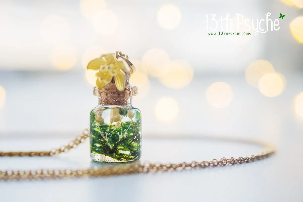 Tiny real moss bottle pendant necklace