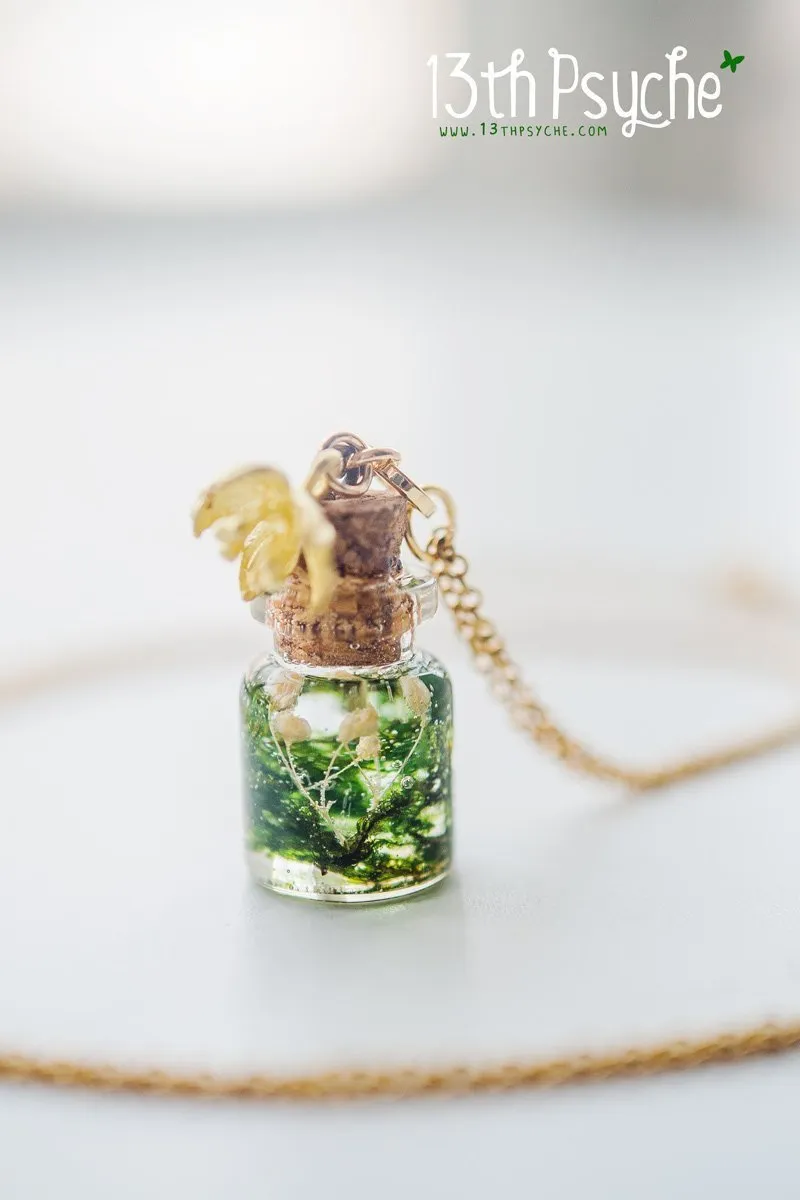 Tiny real moss bottle pendant necklace