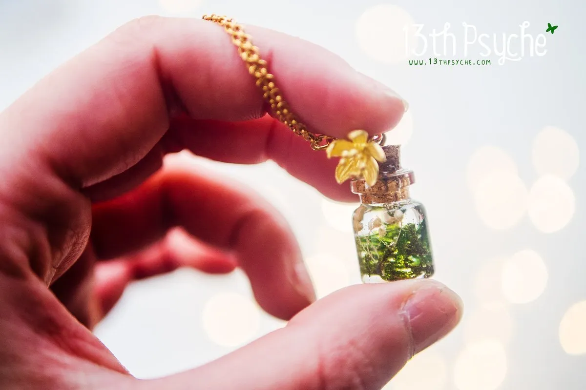 Tiny real moss bottle pendant necklace