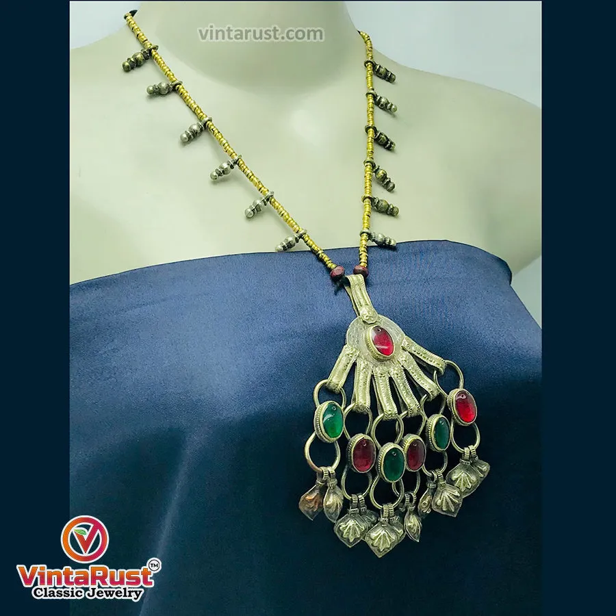 Tribal Big Pendant Necklace With Glass Stones