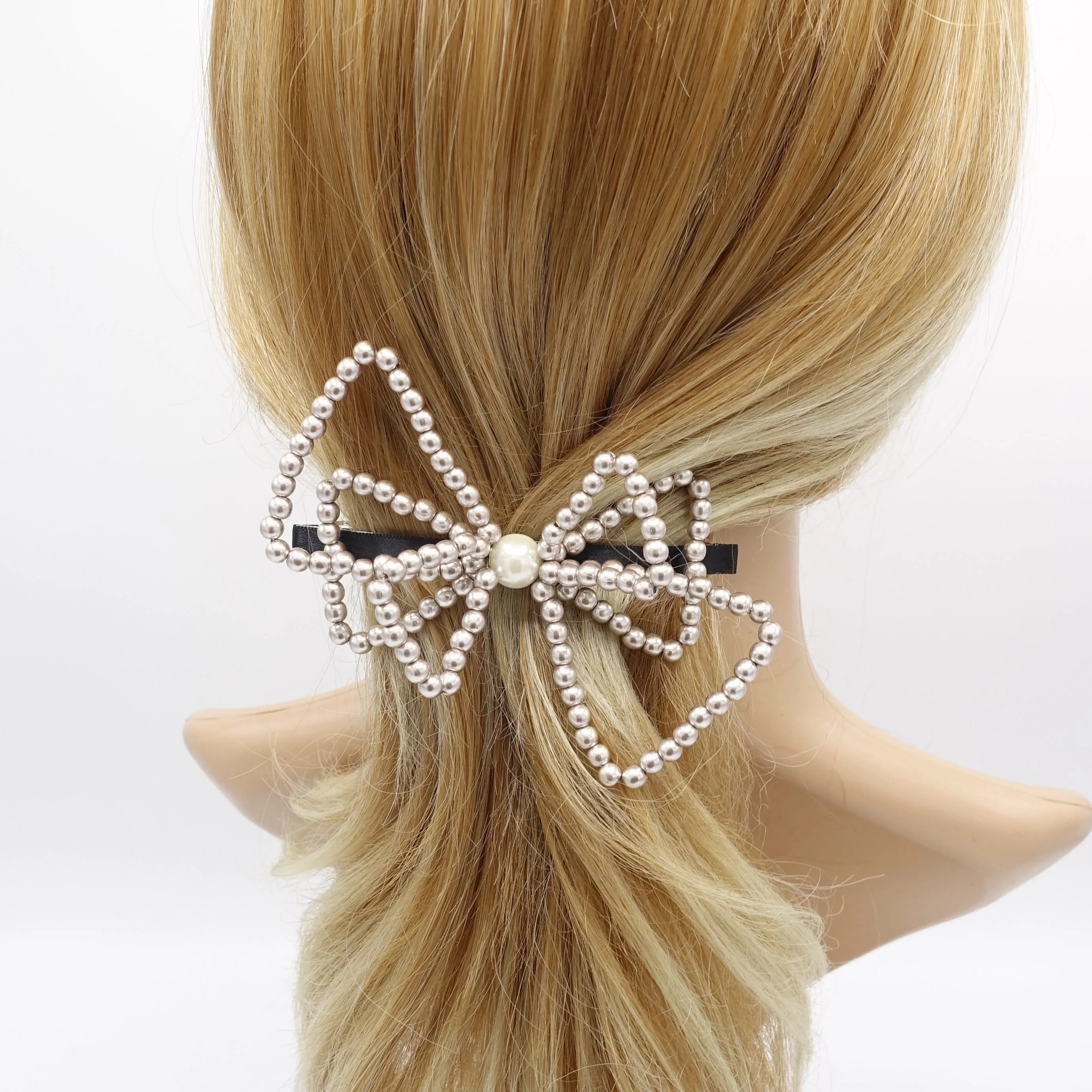 triple pearl bow barrette for women