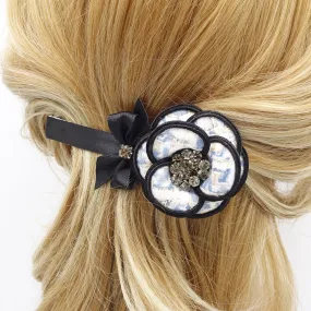 tweed camellia flower hair barrette small satin bow rhinestone embellished flower french barrette