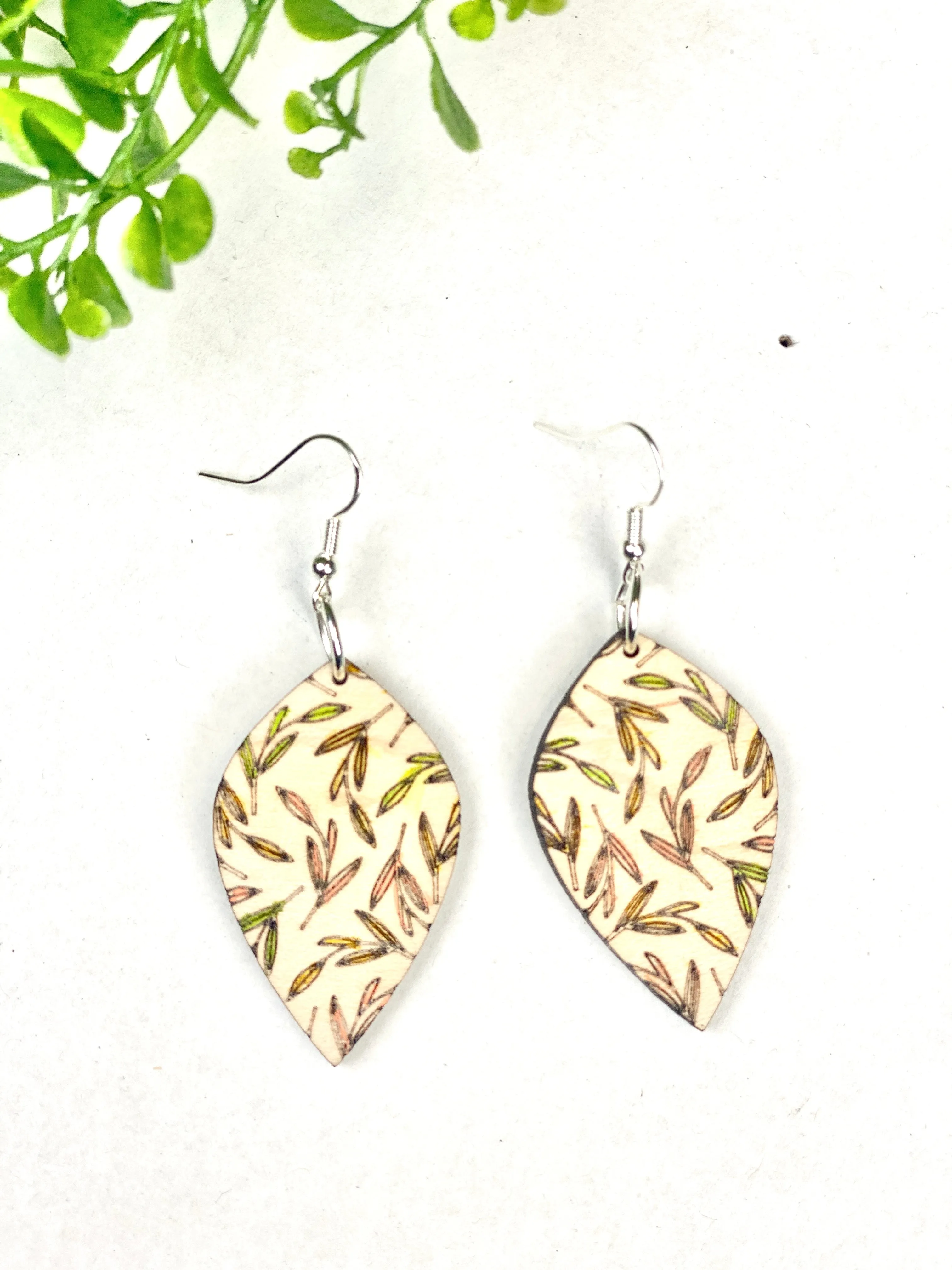 Upside Down Teardrop Fall Leaves Wood Earring Birch