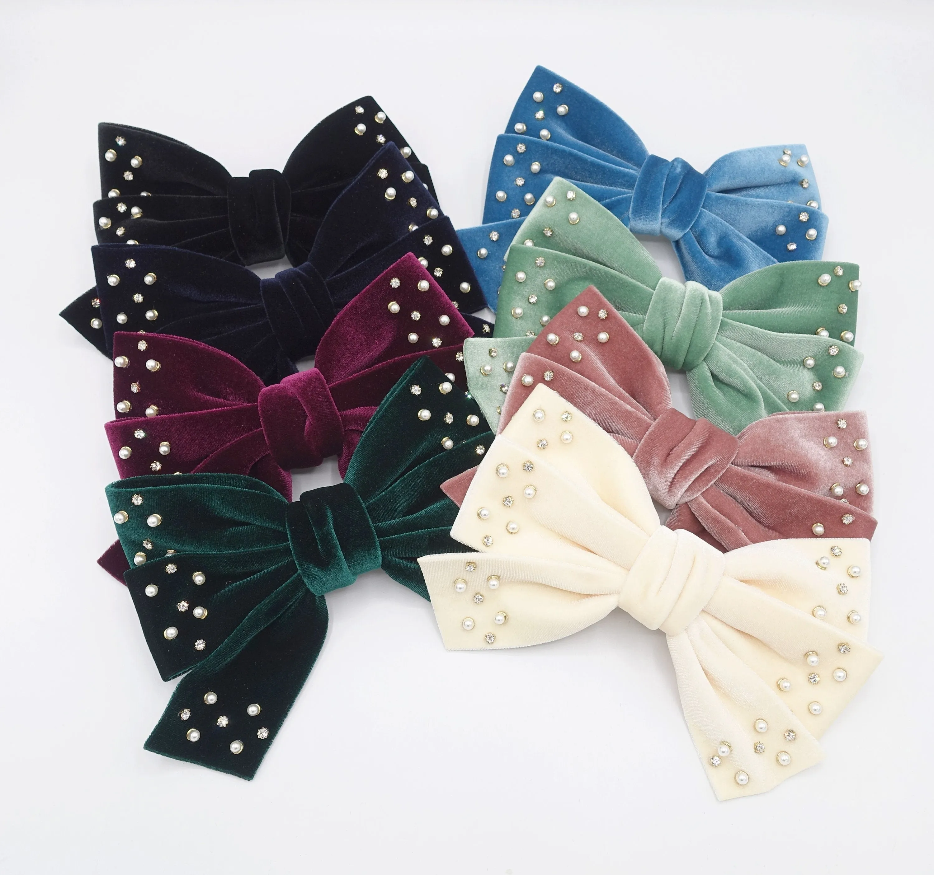 velvet hair bow, triple rhinestone hair bow, pearl velvet bow, luxury hair bows for women