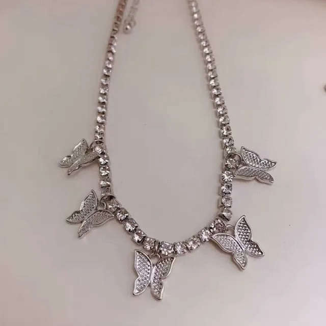 VenusFox Shiny Zircon Butterfly Pendant Choker Light Luxury Aesthetic Niche Clavicle Silver-plated Necklace Jewelry Women