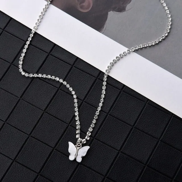 VenusFox Shiny Zircon Butterfly Pendant Choker Light Luxury Aesthetic Niche Clavicle Silver-plated Necklace Jewelry Women