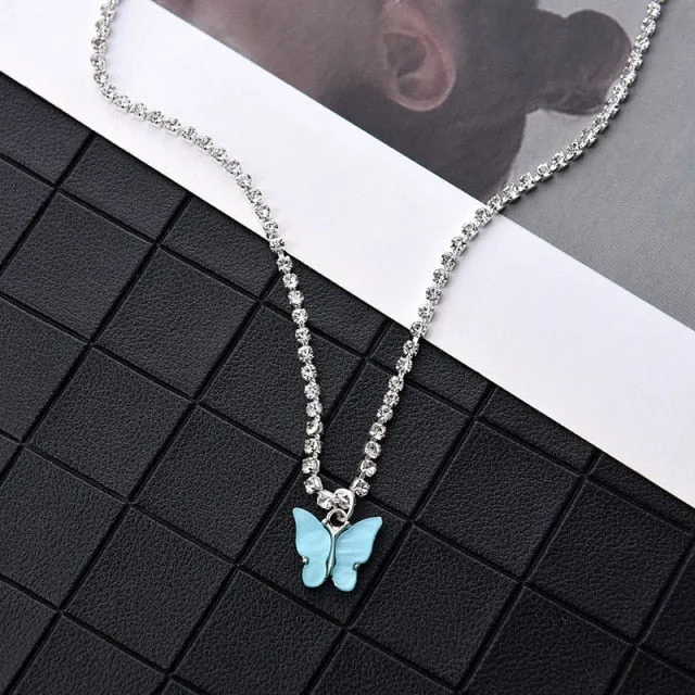 VenusFox Shiny Zircon Butterfly Pendant Choker Light Luxury Aesthetic Niche Clavicle Silver-plated Necklace Jewelry Women