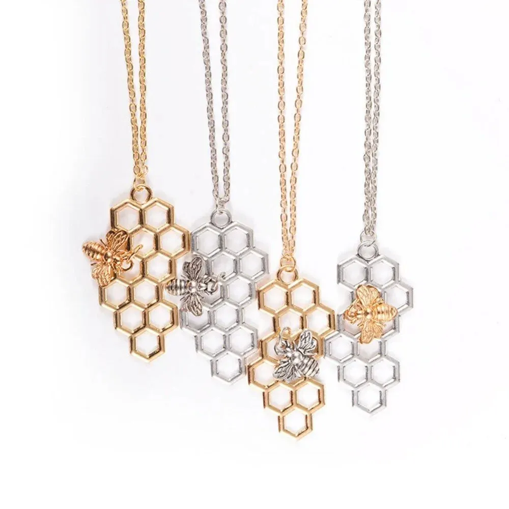 Vertical Honeycomb Pendant With Bee And Chain