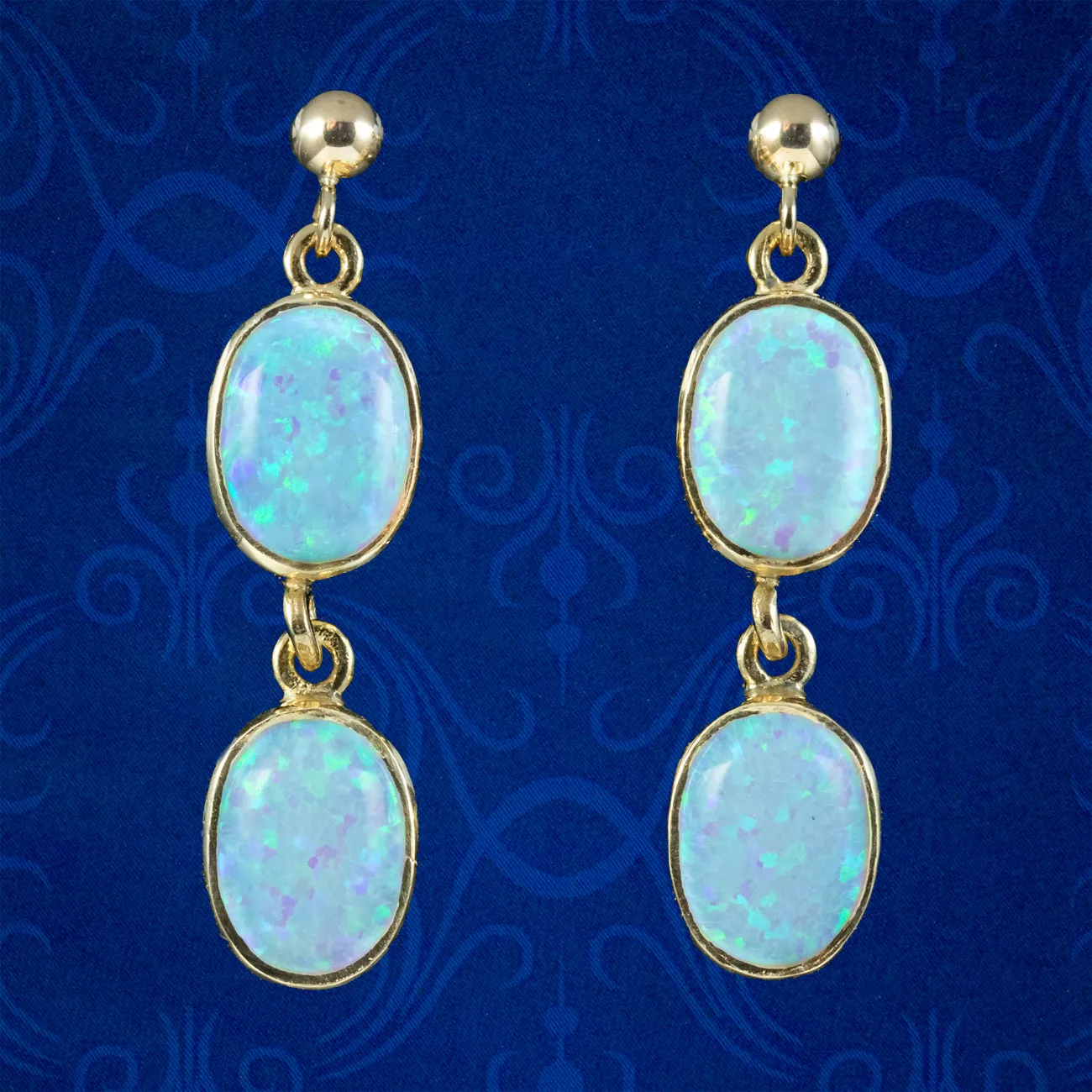 Victorian Style Opal Double Drop Stud Earrings 9ct Gold