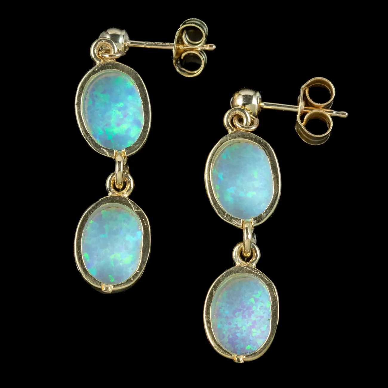 Victorian Style Opal Double Drop Stud Earrings 9ct Gold