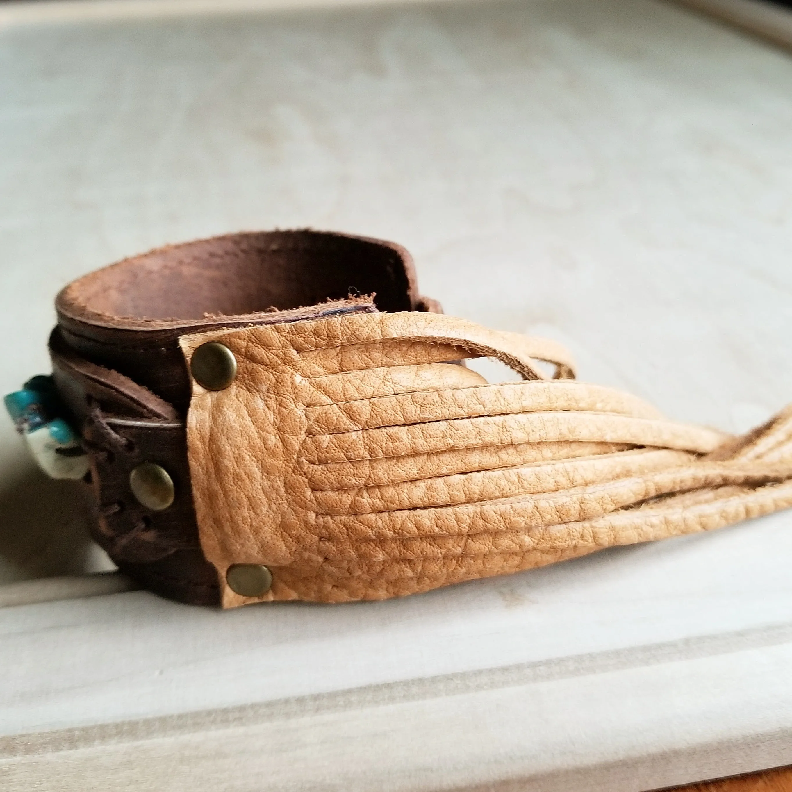 Vintage Leather Cuff with Freshwater Pearl Accent Strand 004Y