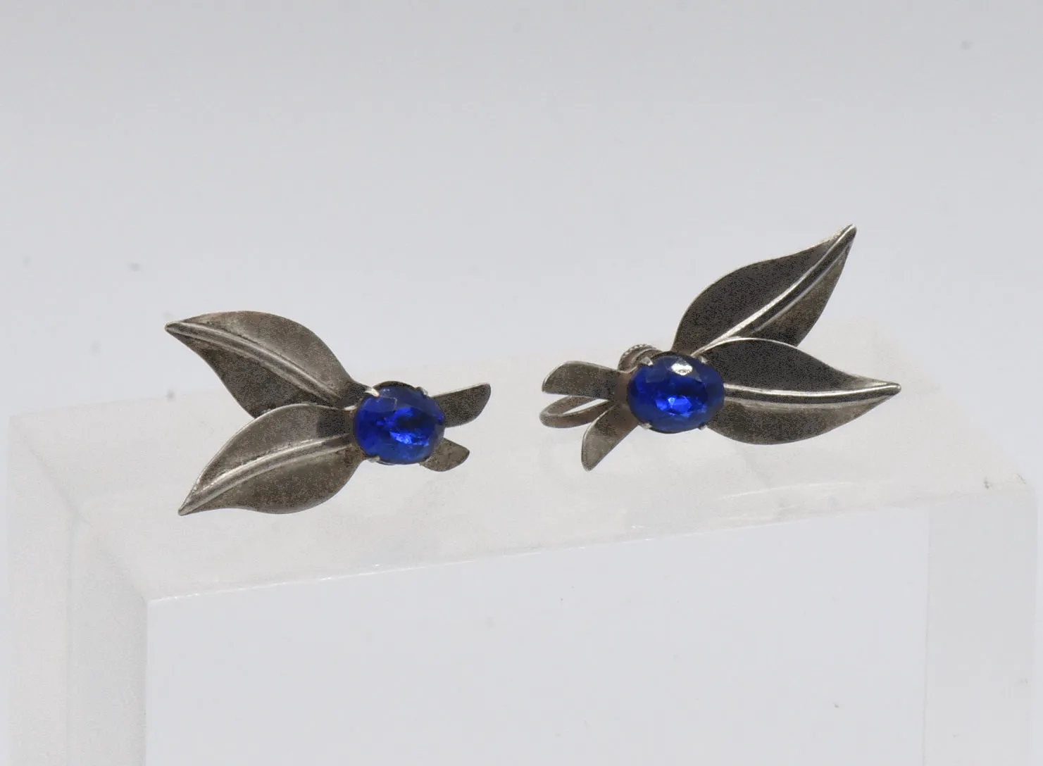 Vintage Sterling Silver Imitation Blue Sapphire Screw Back Earrings