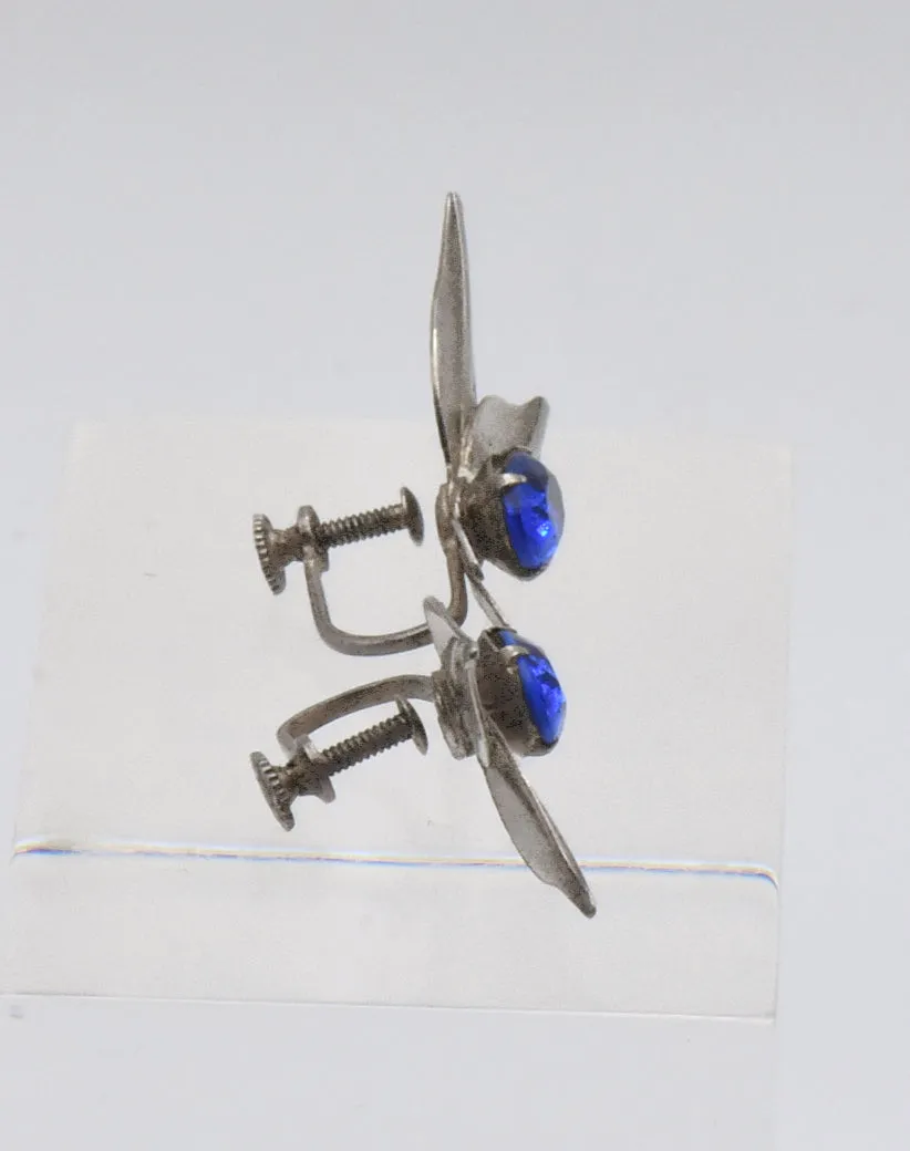 Vintage Sterling Silver Imitation Blue Sapphire Screw Back Earrings