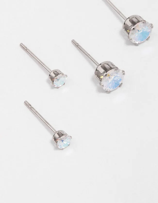 Waterproof Stainless Steel Cubic Zirconia Stud Earring 3-Pack