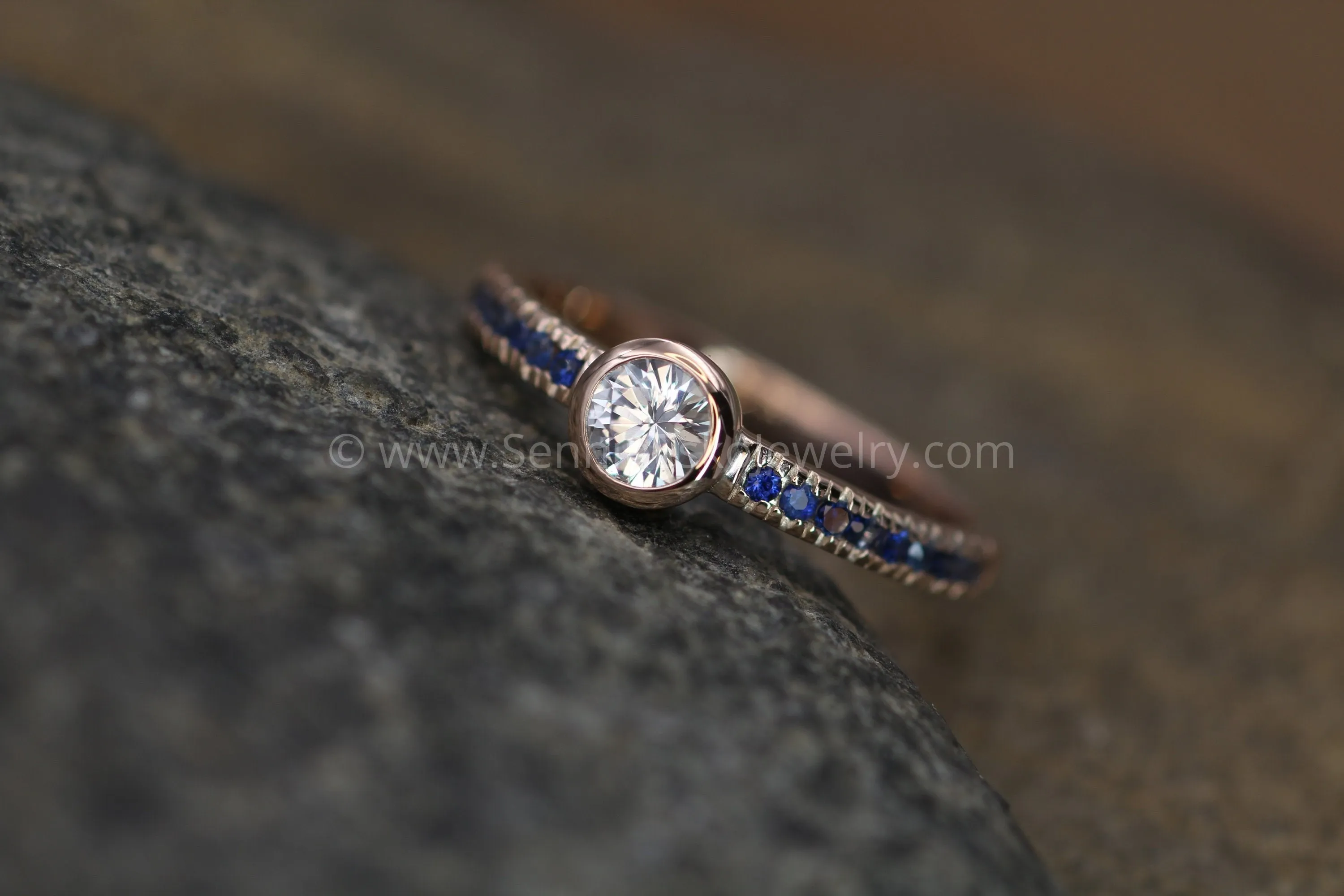 White and Blue Sapphire Rose Gold Alternative Engagement - Sapphire Gold Ring - White Sapphire Bezel Ring - Sapphire Ring - Rose Gold Ring