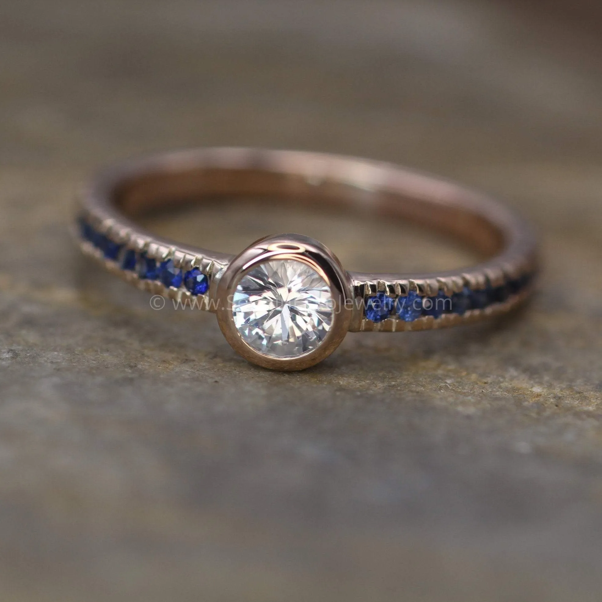 White and Blue Sapphire Rose Gold Alternative Engagement - Sapphire Gold Ring - White Sapphire Bezel Ring - Sapphire Ring - Rose Gold Ring