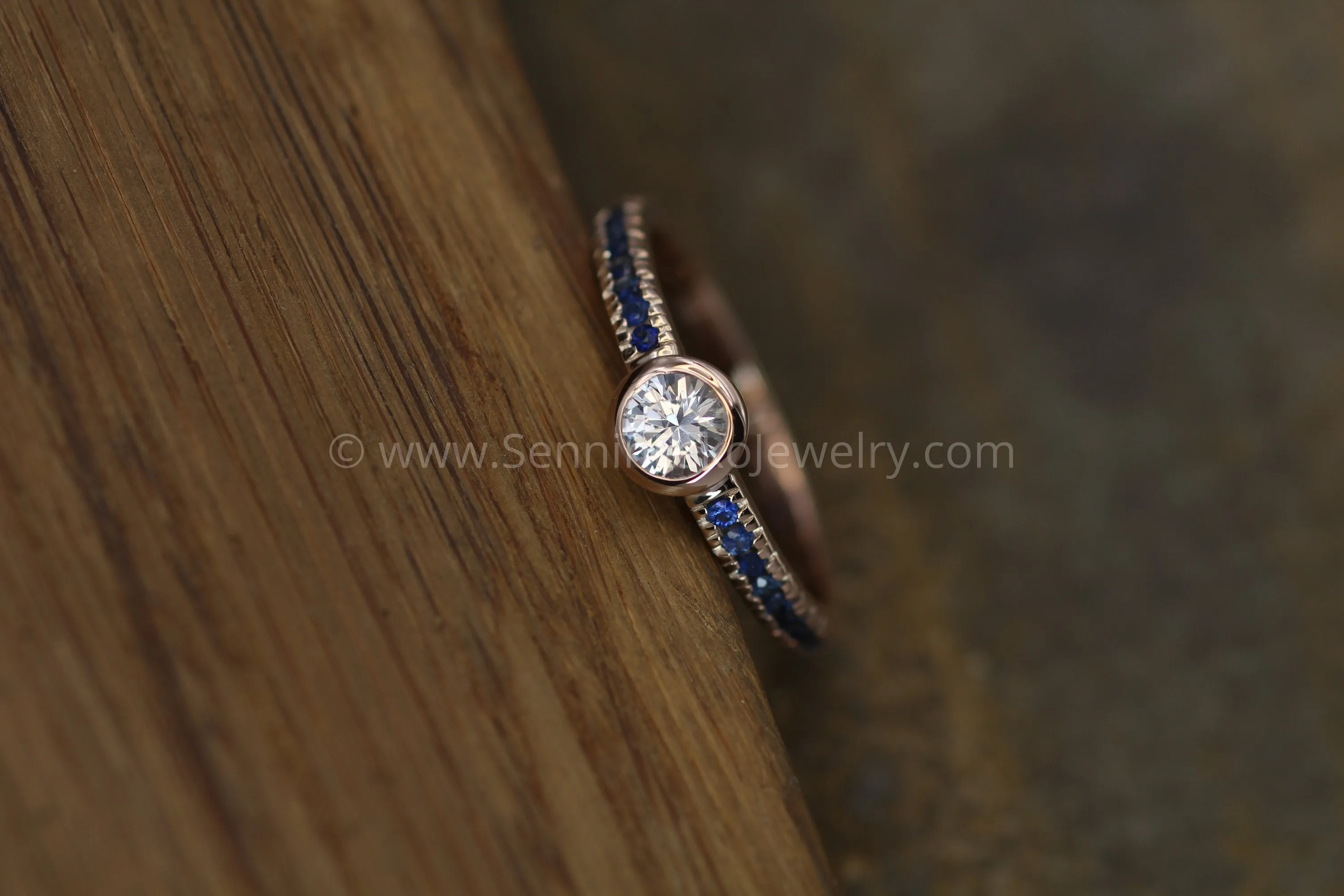 White and Blue Sapphire Rose Gold Alternative Engagement - Sapphire Gold Ring - White Sapphire Bezel Ring - Sapphire Ring - Rose Gold Ring