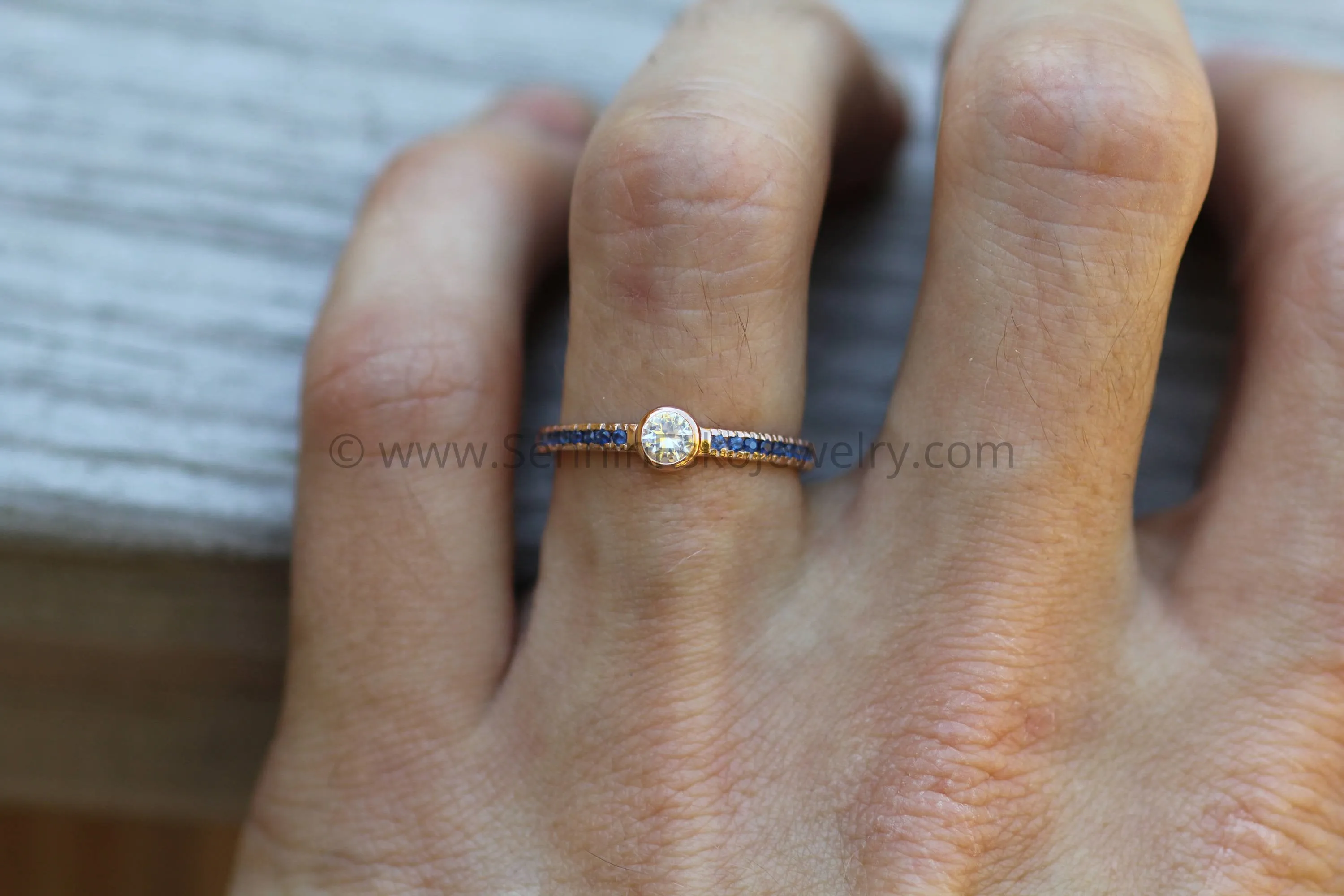 White and Blue Sapphire Rose Gold Alternative Engagement - Sapphire Gold Ring - White Sapphire Bezel Ring - Sapphire Ring - Rose Gold Ring