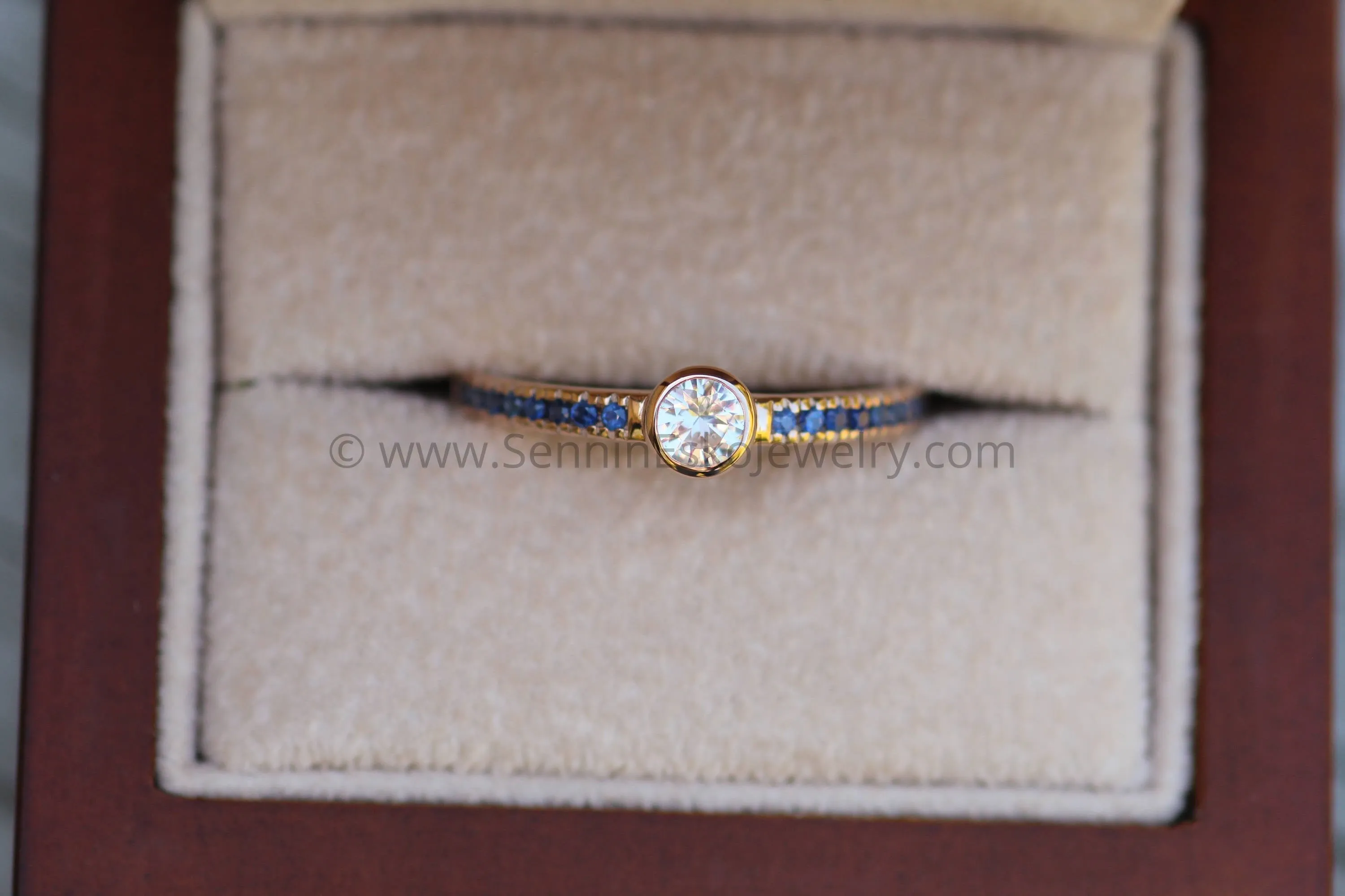 White and Blue Sapphire Rose Gold Alternative Engagement - Sapphire Gold Ring - White Sapphire Bezel Ring - Sapphire Ring - Rose Gold Ring