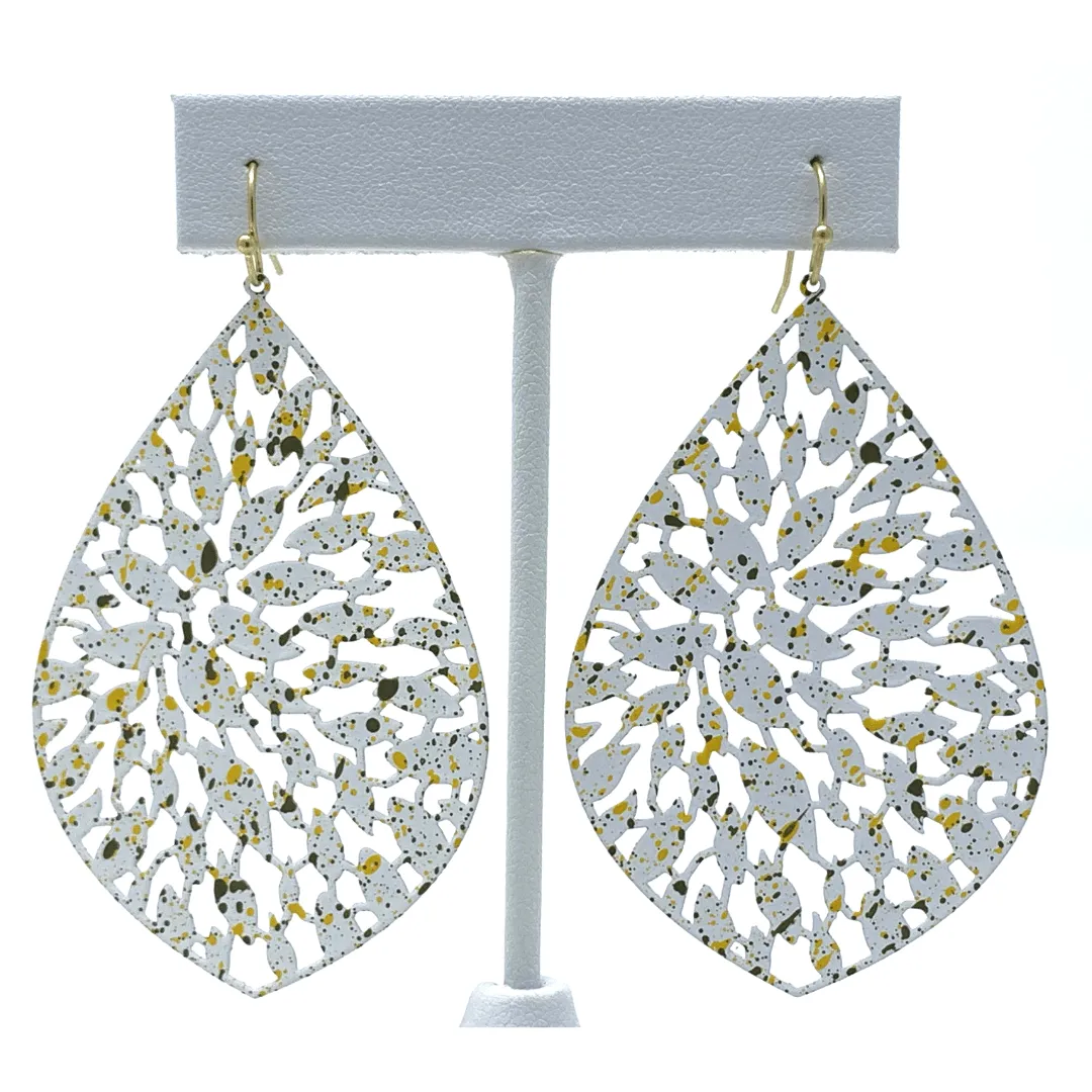 White Filigree Metal Teardrop Statement Earrings