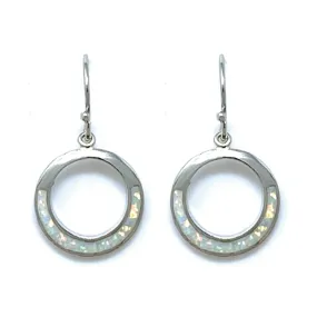 White Opal Open Circle Sterling Silver Dangle Earrings