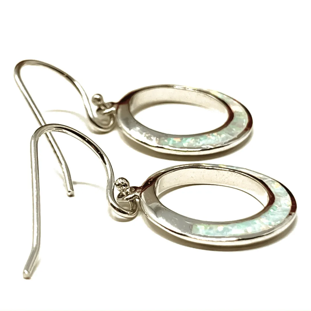 White Opal Open Circle Sterling Silver Dangle Earrings