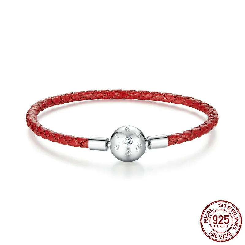 Women's Sterling Silver Zircon Red Rope Leather Bracelet