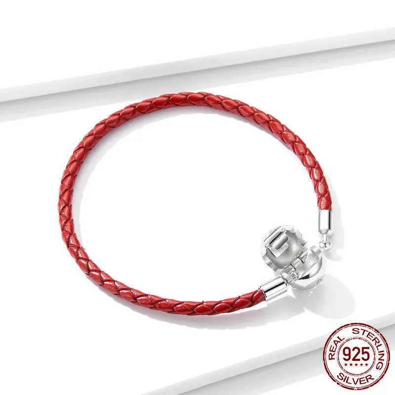 Women's Sterling Silver Zircon Red Rope Leather Bracelet