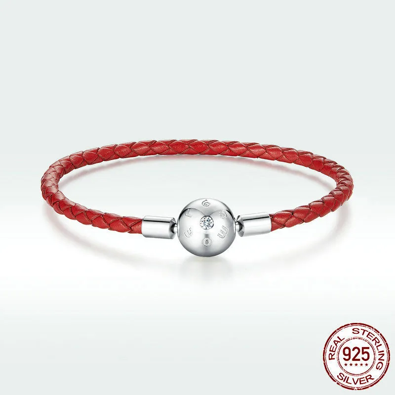 Women's Sterling Silver Zircon Red Rope Leather Bracelet