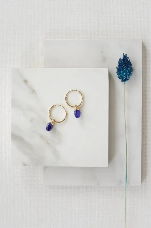 Xander Kostroma Gold Tone Lapis Lazuli Chunky Hoop Drop Earrings – 1.5cm drop Statement Earrings for Women, Luxury Boho Jewelry, Healing Lapis Lazuli, Elegant Gift for Fashion & Wellness Enthusiasts